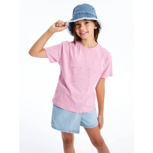 LCW Kids Pembe Bisiklet Yaka Nakışlı Kısa Kollu Kız Çocuk Tişört