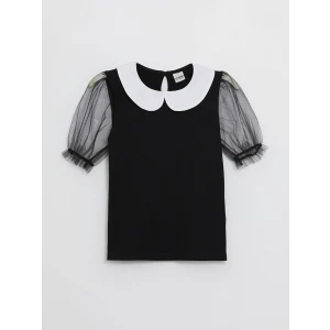 LCW Kids Siyah Bebe Yaka Kısa Kollu Kız Çocuk Tişört