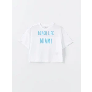 LCW Kids Beyaz Bisiklet Yaka Baskılı Kısa Kollu Kız Çocuk Tişört