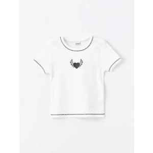 LCW Kids Beyaz Bisiklet Yaka Baskılı Kısa Kollu Kız Çocuk Tişört