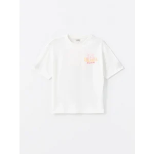 LCW Kids Ekru Bisiklet Yaka Baskılı Kısa Kollu Kız Çocuk Tişört