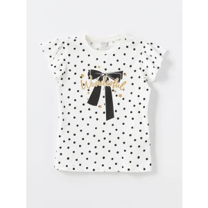 LCW Kids Ekru Bisiklet Yaka Baskılı Kısa Kollu Kız Çocuk Tişört