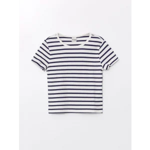 LCW Kids Lacivert Bisiklet Yaka Çizgili Kısa Kollu Kız Çocuk Tişört