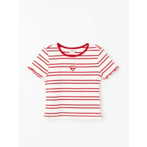 LCW Kids Pembe Bisiklet Yaka Çizgili Kısa Kollu Kız Çocuk Crop Tişört