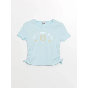 LCW Kids Mavi Bisiklet Yaka Baskılı Kısa Kollu Kız Çocuk Tişört
