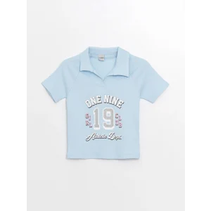 LCW Kids Mavi Polo Yaka Baskılı Kısa Kollu Kız Çocuk Tişört