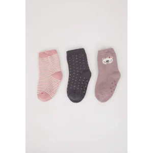Defacto D2481A5KR1 Çok Renkli Kaydırmaz Taban 3lü Pamuklu Uzun Çorap Kız Bebek