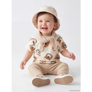 LCW baby Ekru Bisiklet Yaka Hayvan Baskılı Erkek Bebek Tişört ve Pantolon