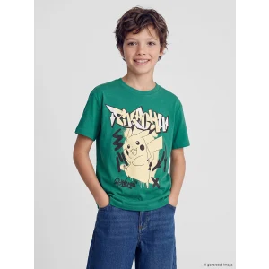 LCW Kids Yeşil Bisiklet Yaka Pikachu Baskılı Erkek Çocuk Tişört