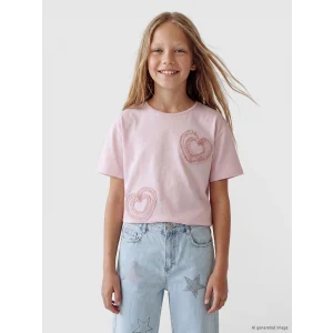 LCW Kids Pembe Bisiklet Yaka Nakışlı Kız Çocuk Tişört