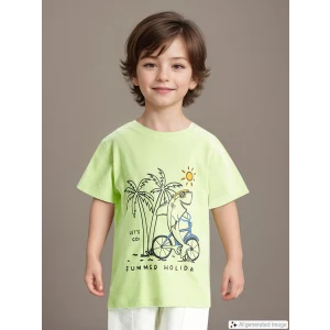 LCW Kids Yeşil Bisiklet Yaka Baskılı Erkek Bebek Tişört