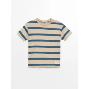 LCW Kids Bej Bisiklet Yaka Çizgili Erkek Bebek Tişört