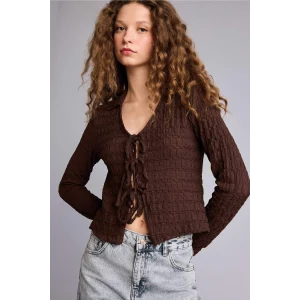 Defacto G9513AXBN267 Kahve Fıtted Gömlek Yaka Bürümcük Uzun Kollu Bluz