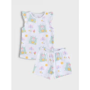 LCW baby Ekru Bisiklet Yaka Baskılı Kız Bebek Şortlu Pijama Takımı