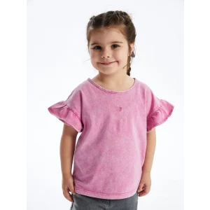 LCW Kids Pembe Bisiklet Yaka Nakışlı Kız Bebek Tişört