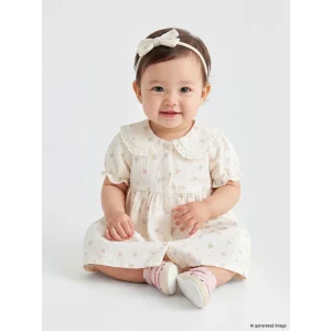LCW baby Bej Bebe Yaka Çiçek Desenli Kız Bebek Elbise