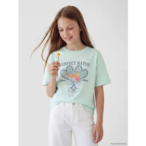 LCW Kids Yeşil Bisiklet Yaka Kız Çocuk Baskılı Tişört