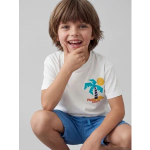 LCW Kids Beyaz Bisiklet Yaka Baskılı Erkek Çocuk Tişört