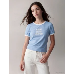 LCW Kids Mavi Bisiklet Yaka Yazı Baskılı Kız Çocuk Tişört