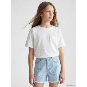 LCW Kids Beyaz Bisiklet Yaka Nakışlı Kız Çocuk Tişört