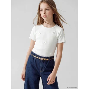LCW Kids Ekru Nakışlı Kız Çocuk Fitilli Tişört