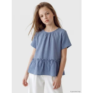 LCW Kids Mavi Bisiklet Yaka Fırfırlı Kız Çocuk Müslin Bluz