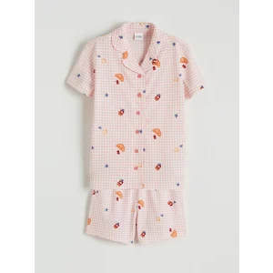 LCW Kids Ekru Gömlek Yaka Desenli Kız Çocuk Şortlu Pijama Takımı