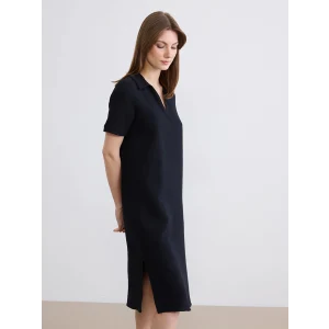 LCW Comfort Siyah Polo Yaka Yırtmaçlı Elbise