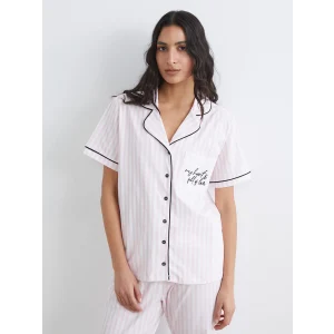 LCW DREAM Ekru Gömlek Yaka Çizgili Kadın Pijama Takım