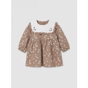 LCW baby Kahverengi Bebe Yaka Çiçekli Kız Bebek Gabardin Elbise
