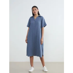 LCW EVERYDAY Mavi Gömlek Yaka Dokulu Oversize Müslin Elbise