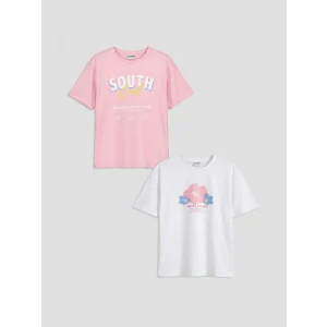 LCW Kids Pembe Bisiklet Yaka Baskılı Kız Çocuk Tişört 2li