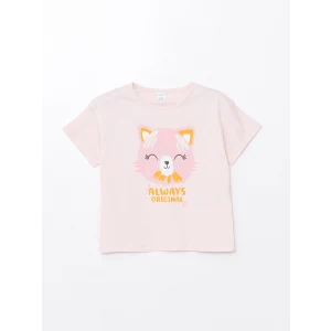LCW Kids Pembe Bisiklet Yaka Baskılı Kısa Kollu Kız Bebek Tişört