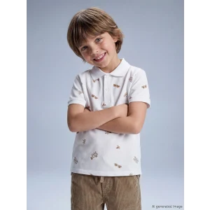 LCW Kids Beyaz Polo Yaka Baskılı Erkek Çocuk Tişört