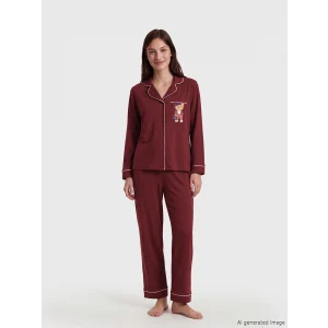 LCW DREAM Bordo Gömlek Yaka Baskılı Kadın Pijama Takımı