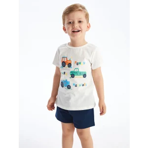 LCW baby Beyaz Bisiklet Yaka Kısa Kollu Baskılı Erkek Bebek Şortlu Pijama Takımı