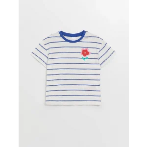 LCW Kids Mavi Bisiklet Yaka Kısa Kollu Çizgili Kız Bebek Tişört