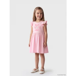 LCW Kids Pembe Bisiklet Yaka Baskılı Fırfırlı Kız Çocuk Penye Elbise