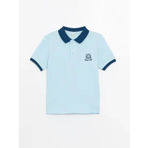LCW Kids Mavi Polo Yaka Nakışlı Kısa Kollu Erkek Çocuk Tişört