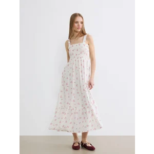 XSIDE Pembe Büzgülü Çiçekli Uzun Elbise