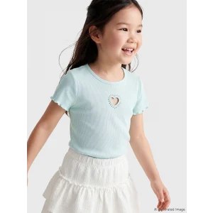 LCW Kids Turkuaz Bisiklet Yaka Nakışlı Kız Çocuk Fitilli Tişört
