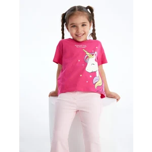 LCW Kids Fuşya Bisiklet Yaka Baskılı Kısa Kollu Kız Bebek Tişört