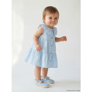 LCW baby Mavi Bebe Yaka Çiçekli Kız Bebek Elbise