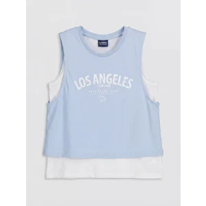 LCW Kids Mavi Bisiklet Yaka Los Angeles Baskılı Kız Çocuk Atlet