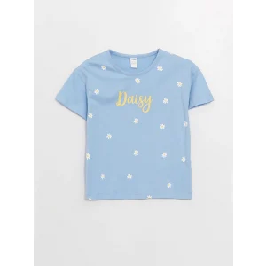 LCW Kids Mavi Bisiklet Yaka Baskılı Kısa Kollu Kız Bebek Tişört