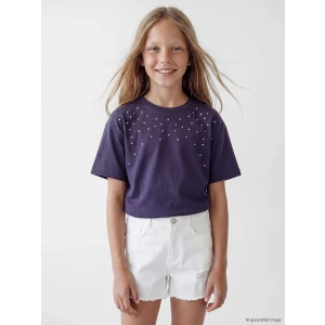 LCW Kids Mor Bisiklet Yaka Taş İşlemeli Kız Çocuk Tişört