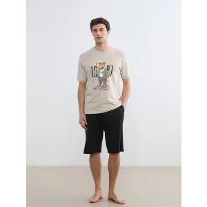 LC WAIKIKI Gri Bisiklet Yaka Teddy Baskılı Erkek Şortlu Pijama Takımı