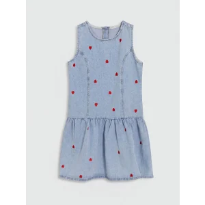 LCW Kids Mavi Kalp Nakışlı Kız Çocuk Jean Elbise