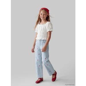 LCW Kids İndigo Wideleg Çilek Nakışlı Kız Çocuk Jean Pantolon