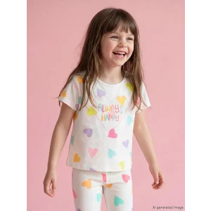 LCW Kids Beyaz Bisiklet Yaka Desenli Kız Çocuk Tişört